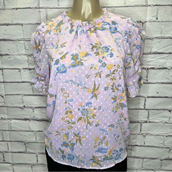 Rachel Zoe Purple Floral Ruffle High Neck Dot Textured Blouse size M - Picture 1 of 7